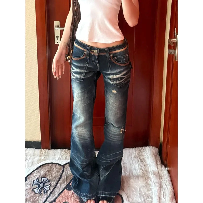 American Vintage Low Waist Heavy Work Weed Damenjeans Summer Street Y2K Spicy Scratch Micro Flared Pants Blaue lange Hose