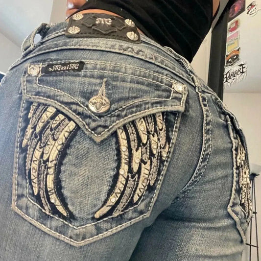 Y2K Embroidery Diamond Jeans Wings - DRACO COUTURE