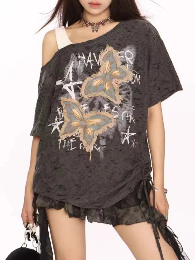 Y2k Gothic Grunge Dark Hollow Out T Shirt Women - DRACO COUTURE