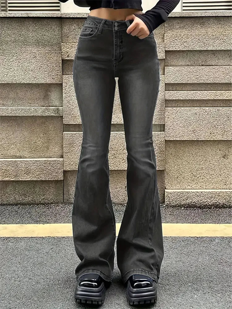 Damen Schlagjeans, Stretch, Mustache-Jeans, modische Skinny-Jeans mit hohem Bund, graue Denim-Hose, klassische Y2K-Punk-Langhose