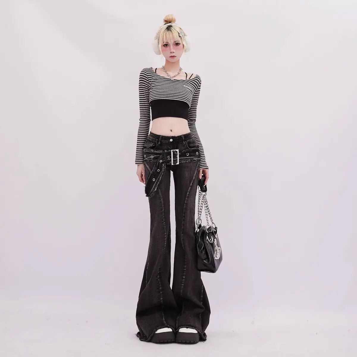 Vintage Slim Micro-flare Jeans Women Ins Fashionable Splicing Belt Edge Y2K Pants High Waist Straight American Street Trousers