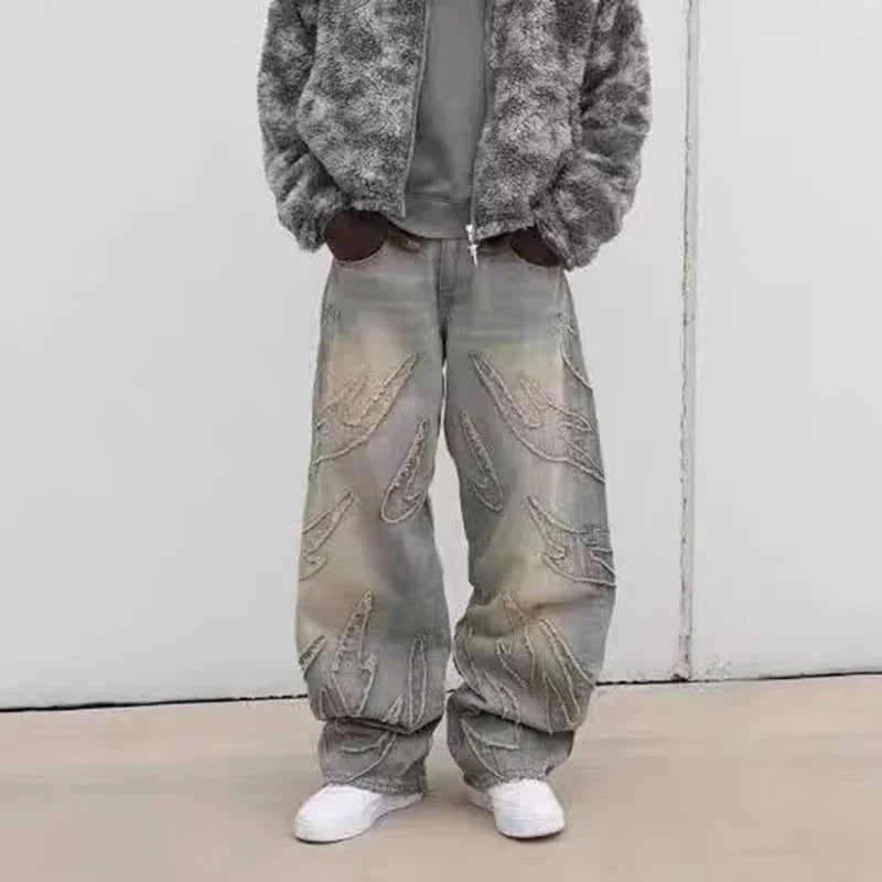 Herren Baggy-Jeans im Streetwear-Stil, Retro-Mode, weite Jeans, bedruckte Designer-Jeans im Hip-Hop-Stil