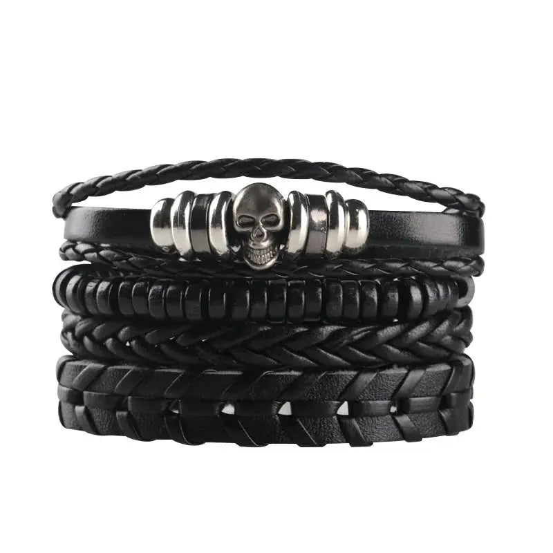 4/5/6pcs Evil Eye Wing Star Skull Diy Braided Punk Style Bracelet Set, Featuring Pu Leather And Beads Bracelet - DRACO COUTURE