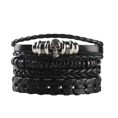 4/5/6pcs Evil Eye Wing Star Skull Diy Braided Punk Style Bracelet Set, Featuring Pu Leather And Beads Bracelet - DRACO COUTURE