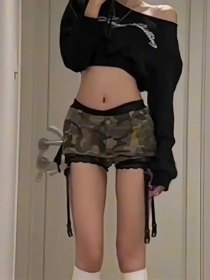 Summer Women Gyaru Coquette Camouflage Culottes Harajuku Shoujo 2000s Aesthetic Low Rise Mini Denim Skirt Korean Y2k Japanese DRACO COUTURE