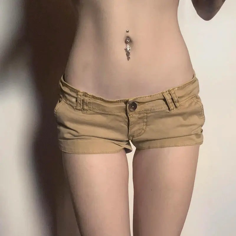 IAMHOTTY Low-rise Cargo Denim Shorts Khaki Vintage Skinny Jean Hot Pants High Street Casual Basic Bottoms Cool Jean Shorts Women - DRACO COUTURE