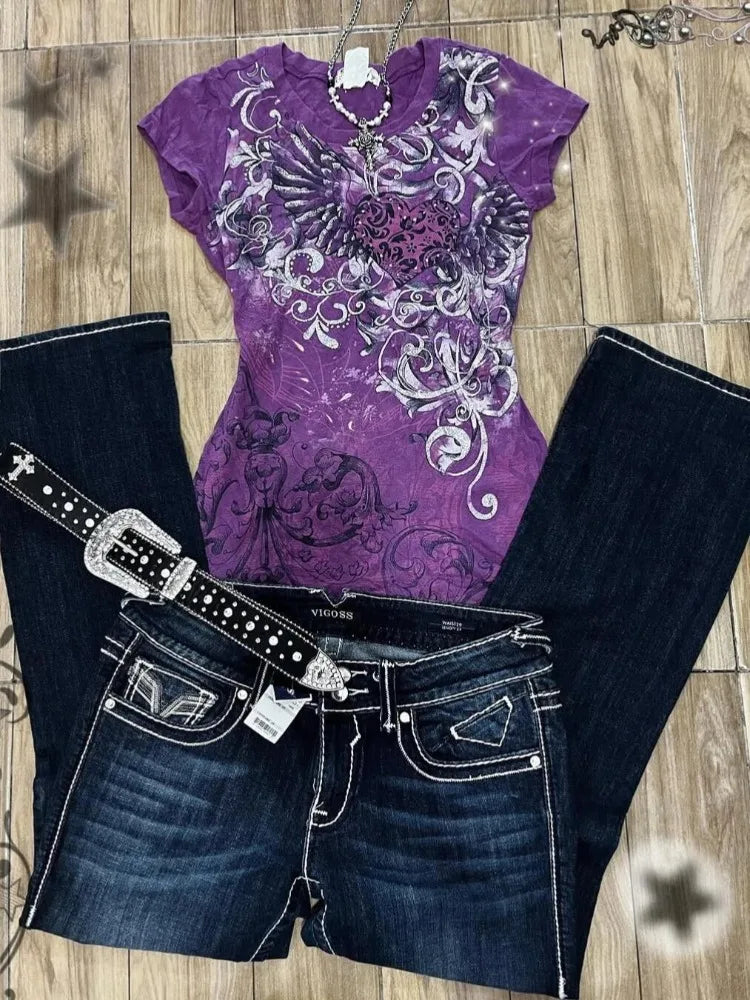 Women's Subculture Vintage Purple Print T-Shirt Summer Y2k American Retro Slim Tees Casual Harajuku Grunge Fashion Tops New