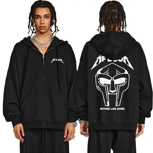 Rapper Mf Doom Doomsday Rhymes Like Dimes Zipper Hoodie Men Women Hip Hop Oversized Zip Up Sweatshirt Rock Gothic Zip Up Jacket - DRACO COUTURE