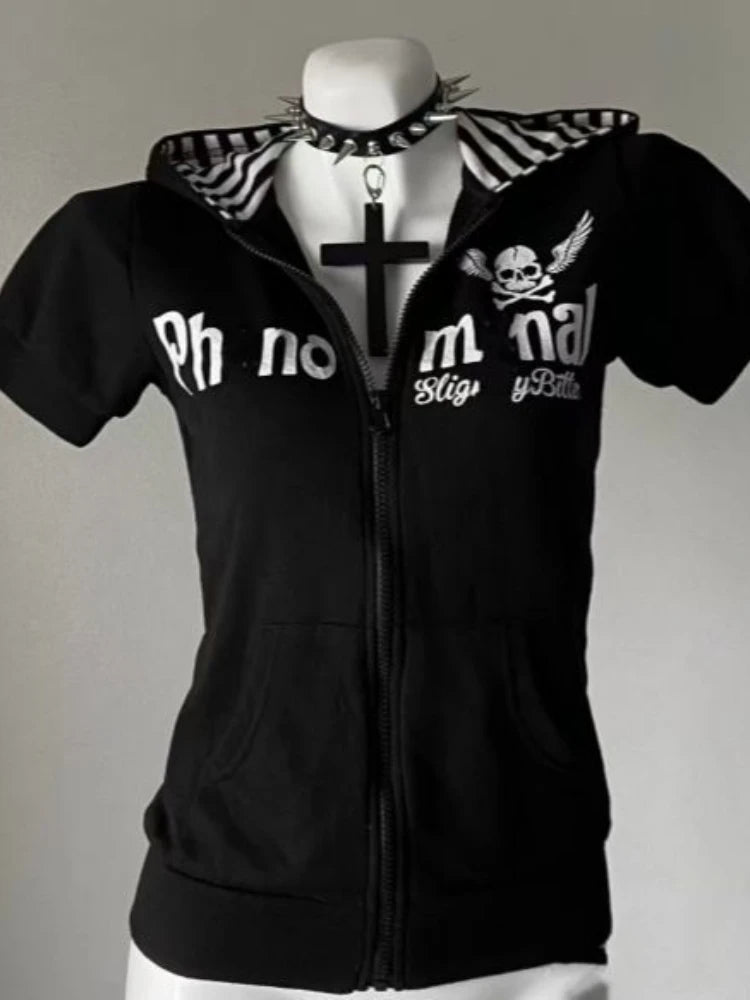 Y2K Subculture Skull Print Zip Cardigan Short Sleeve Women Japan Slim Fit Striped Hoodie Casual Tops Fashion Streetwear Clothes DRACO COUTURE