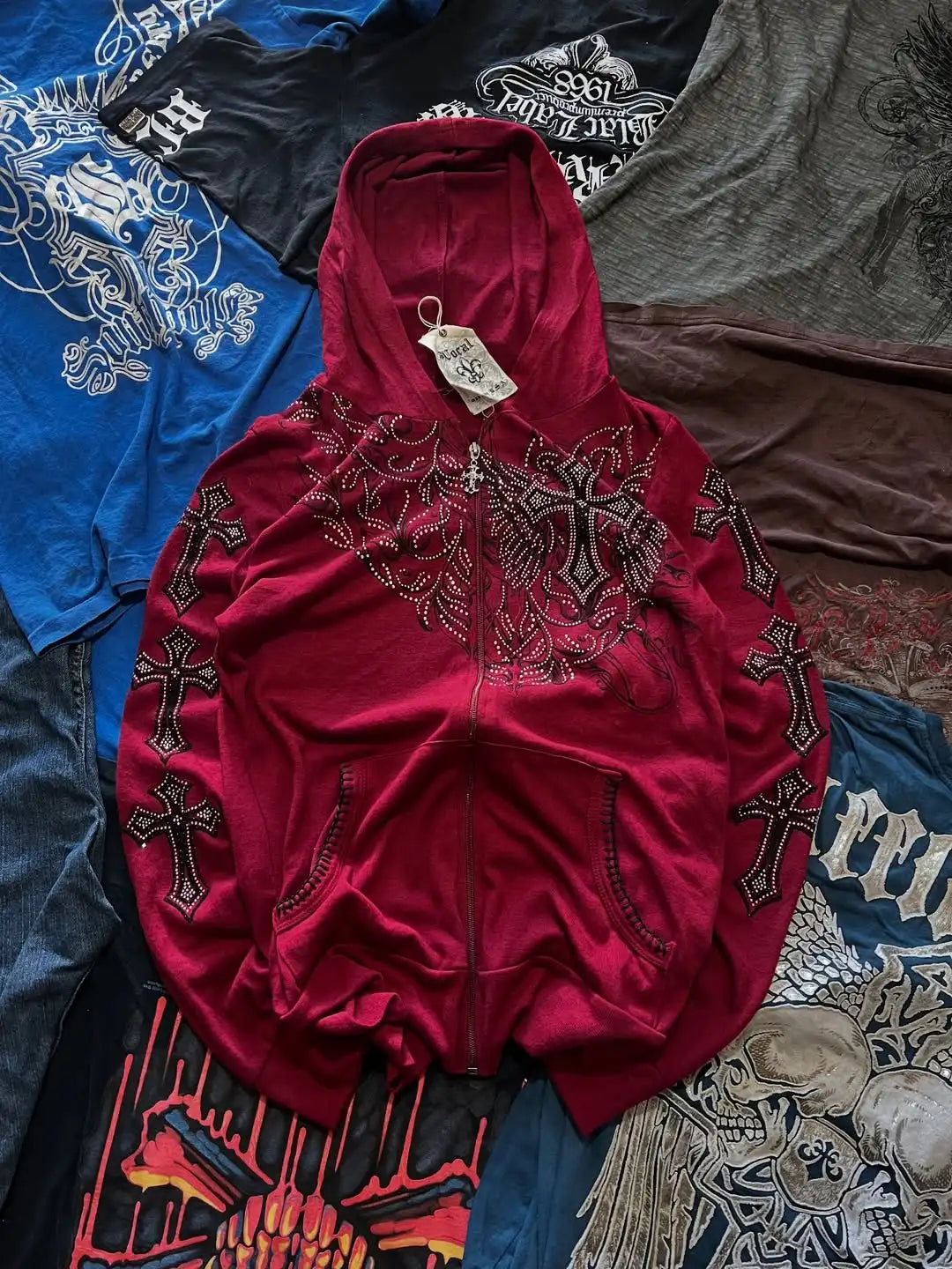 Affliction Red Masonry Hoodie – Y2K Oversize Zip