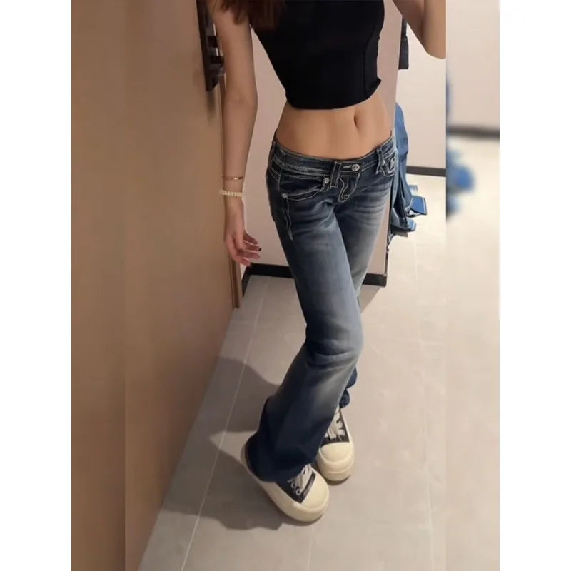 Damen Y2K Gothic Stickerei Hot Diamonds Denimhose Harajuku Retro Hip Hop Low Waist Jeans Fashion Hot Girl Straight Jeans