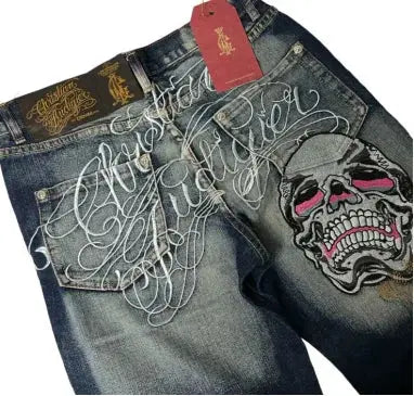Gothic punk American retro punk skull pocket embroidered jeans men's wash blue old loose straight wide-leg fashionable jeans - DRACO COUTURE