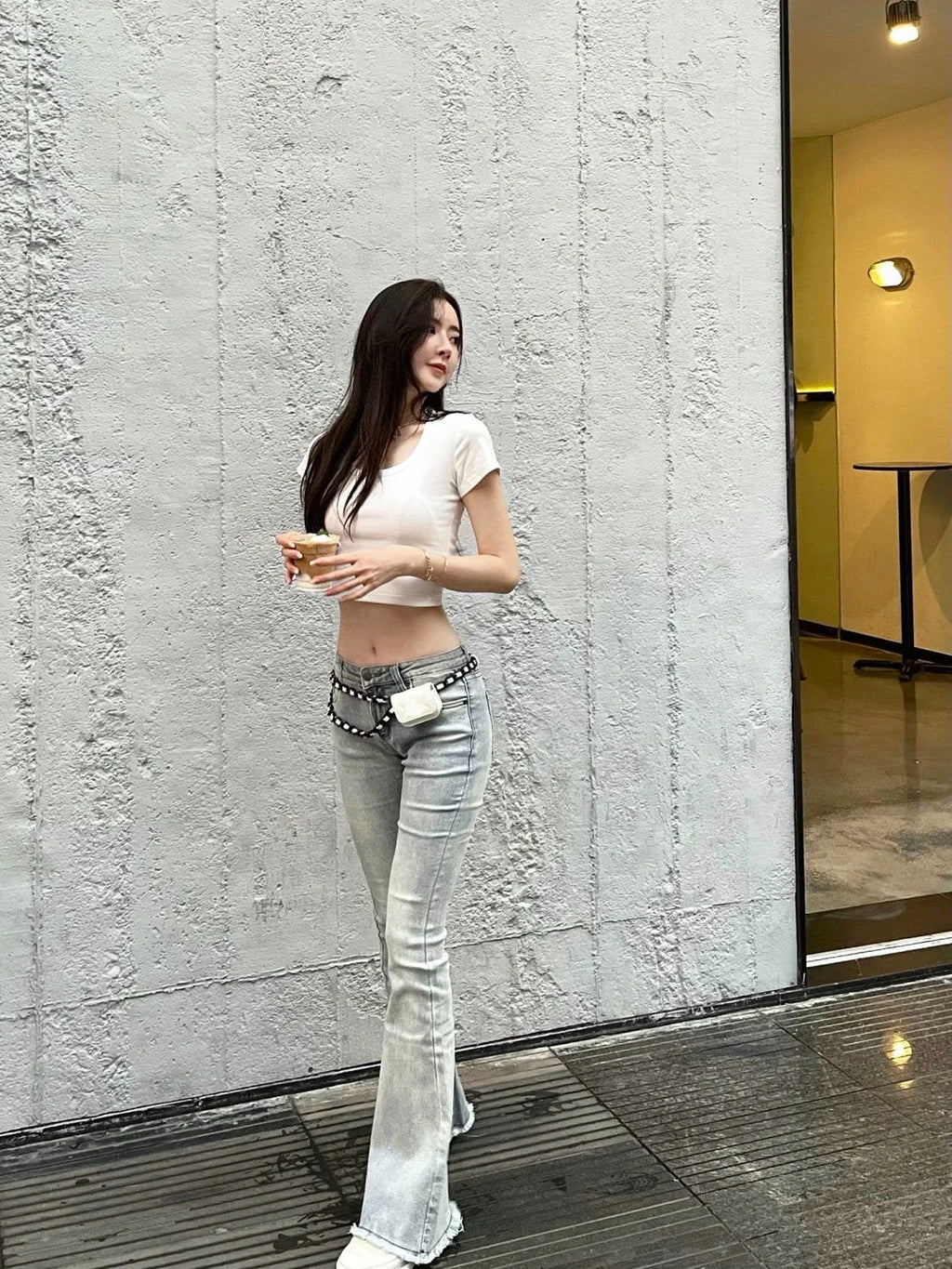 Schlaghose mit niedrigem Bund, blau, Skinny-Jeans für Damen, ausgestellt, Slim Fit, Baggy, stylische Sommerhose A