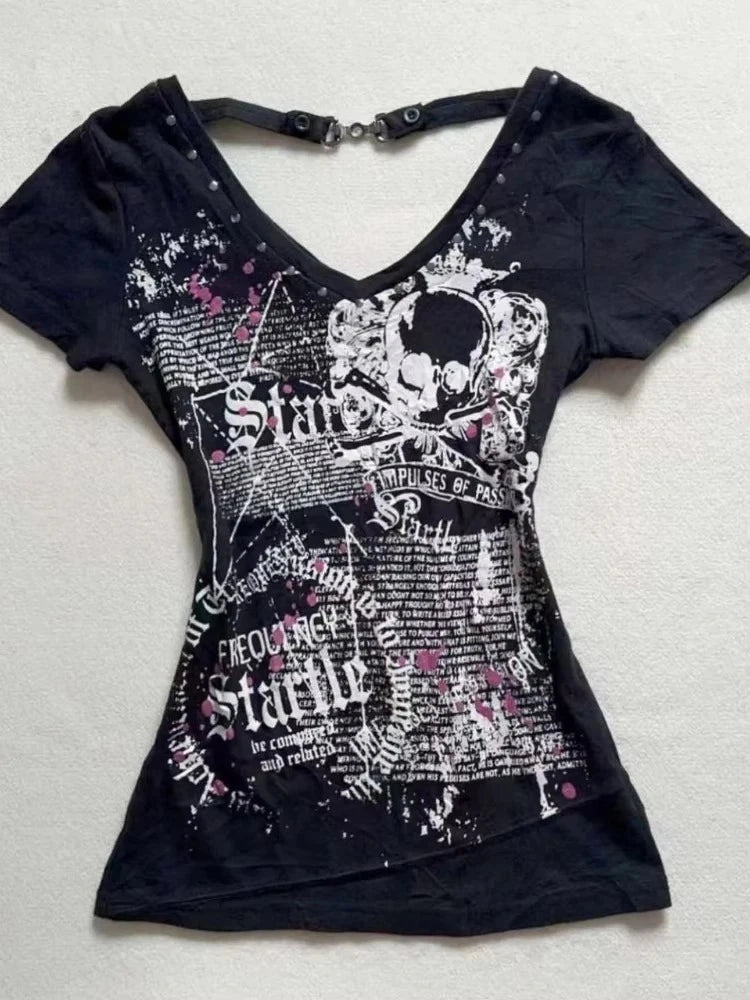 Y2K Kleidung T-Shirts Buchstaben Gothic Damen Y2K Crop Top Sexy Slim Shirt Punk Totenkopf Grafik Tees Sweet Harajuku Korea Girl Punk