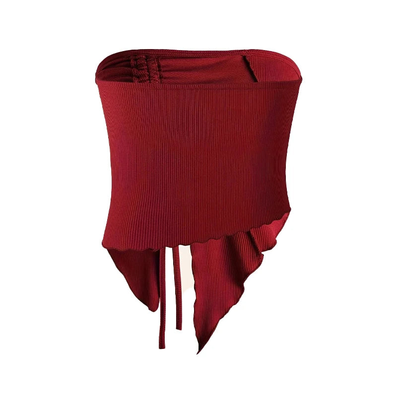 Spring and Summer New Drawstring Red Valentine's Day Party Ins Style Young Slit Asymmetrical Slim Off-Shoulder One-Shoulder Sexy Women's Top Wrapped Chest Vest DRACO COUTURE