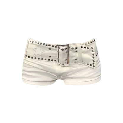 Sexy Riveted Denim Shorts Women's Summer Strap Chain Hot Pants Y2k White Shorts DRACO COUTURE