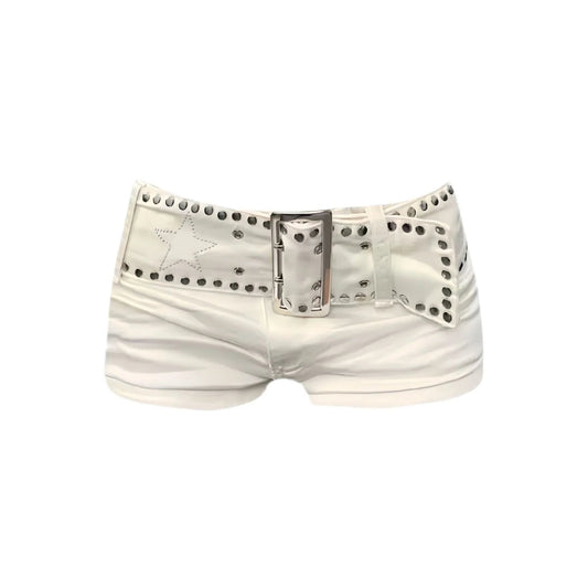 Sexy Riveted Denim Shorts Women's Summer Strap Chain Hot Pants Y2k White Shorts DRACO COUTURE