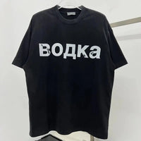 2025 new American fashion brand high street creative retro mottled alphabet print short sleeve heavy wash to do old round collar - DRACO COUTURE