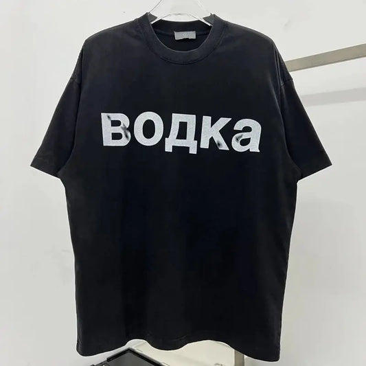 2025 new American fashion brand high street creative retro mottled alphabet print short sleeve heavy wash to do old round collar - DRACO COUTURE