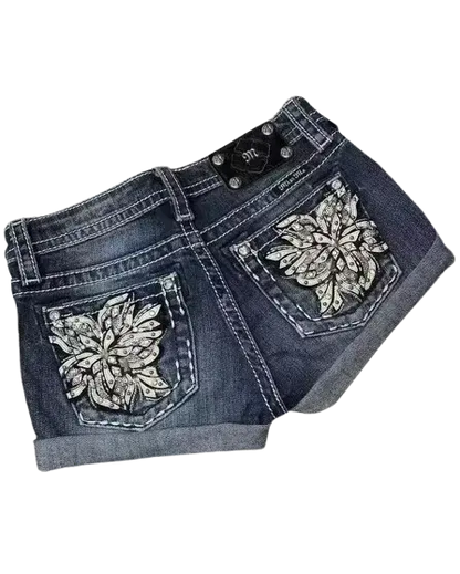 Retro Angel Wing Denim Shorts Y2K Women Gothic Hip Hop Pocket Embroidery Retro Black Baggy Shorts High Waist Slim Fit Mini Skirt - DRACO COUTURE