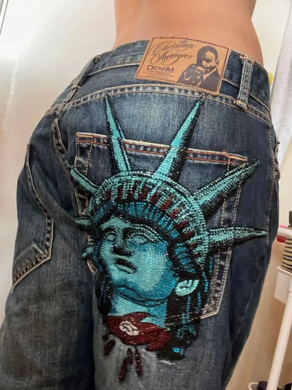 Y2k 2000s Statue of liberty Diamonds Jeans Casual Denim Pants High Waist Straight Wide Leg Jeans Harajuku Vintage Women Clothing - DRACO COUTURE