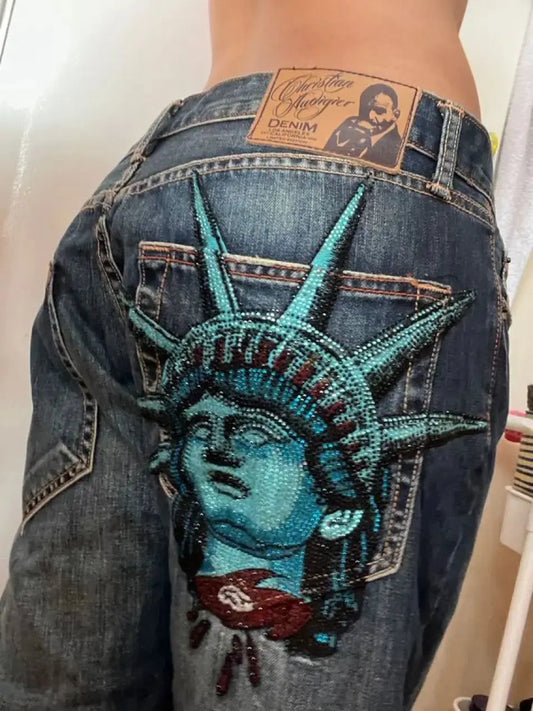 Y2k 2000s Statue of liberty Diamonds Jeans Casual Denim Pants High Waist Straight Wide Leg Jeans Harajuku Vintage Women Clothing - DRACO COUTURE