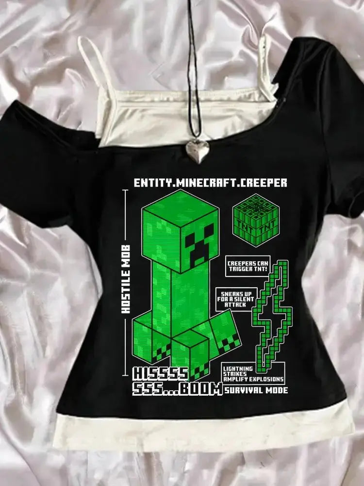 Punk Gothic Sexy Streetwear Slim Baby Tee 2000s Tops Y2k Fake two off shoulder T-shirts Harajuku Aesthetic Short Sleeve Clothing - DRACO COUTURE