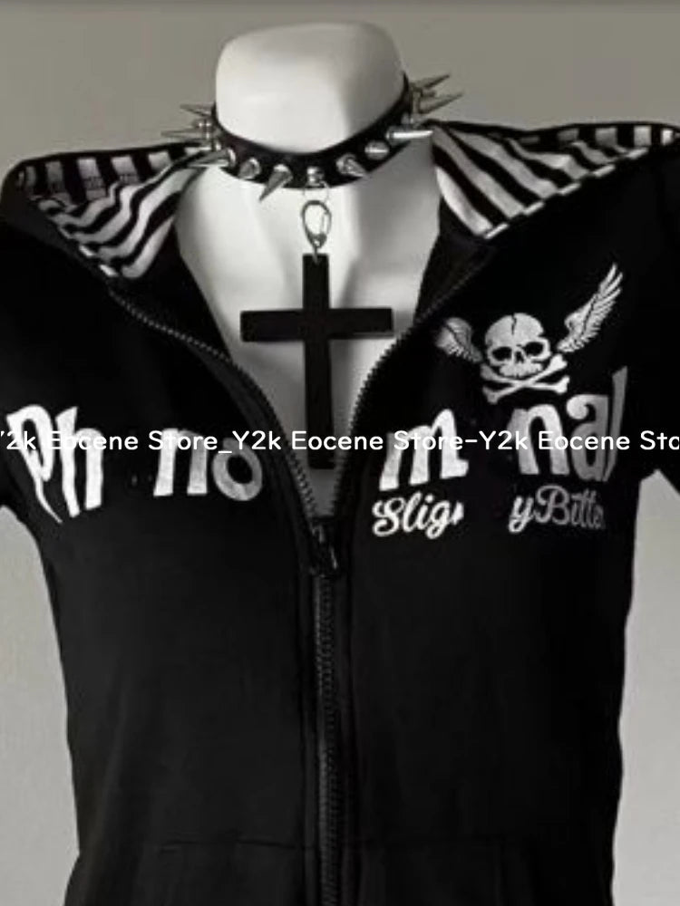 Y2K Subculture Skull Print Zip Cardigan Short Sleeve Women Japan Slim Fit Striped Hoodie Casual Tops Fashion Streetwear Clothes DRACO COUTURE