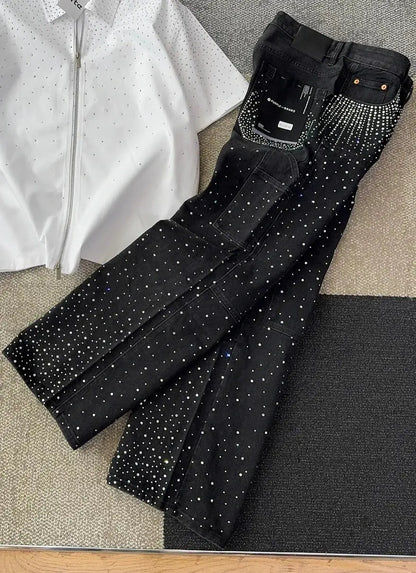 Harajuku Hip Hop Streetwear Hip Hop Rhinestone Sequin Jeans Y2K Clothes Mens Womens Baggy Jeans Low Waist Wide Leg Trousers - DRACO COUTURE