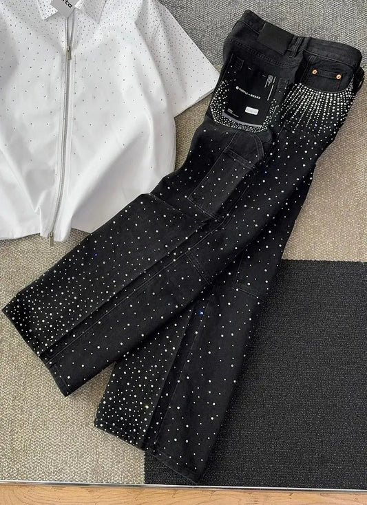 Harajuku Hip Hop Streetwear Hip Hop Rhinestone Sequin Jeans Y2K Clothes Mens Womens Baggy Jeans Low Waist Wide Leg Trousers - DRACO COUTURE