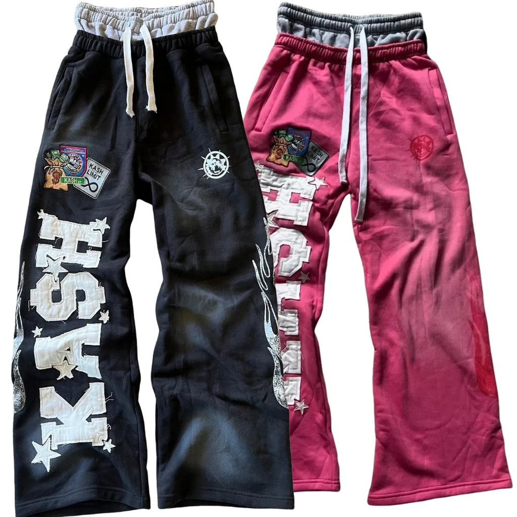 Retro-Hosen mit amerikanischen Buchstabenaufnähern, doppellagig, Y2K-Design, Baggy-Sweatpants für Herren, Hip-Hop-Gothic-Jogginghose mit elastischem Bund