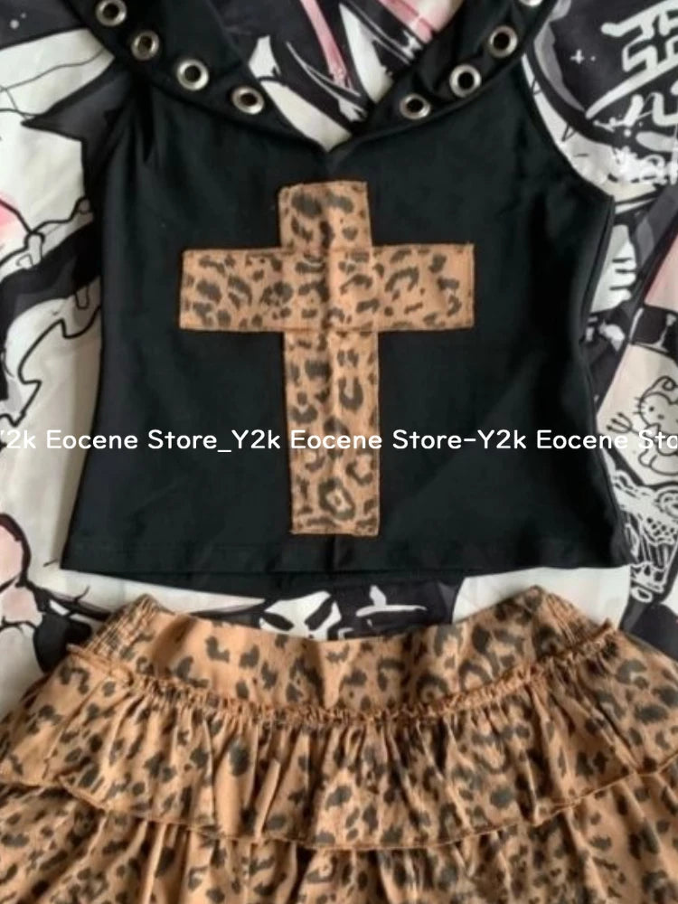 2000s Aesthetic Sexy Leopard Two Piece Set E-gilr Y2k Hoodie Tank Tops + Brown Print Cake Skirt Suit Retro Sleeveless Outfit New DRACO COUTURE