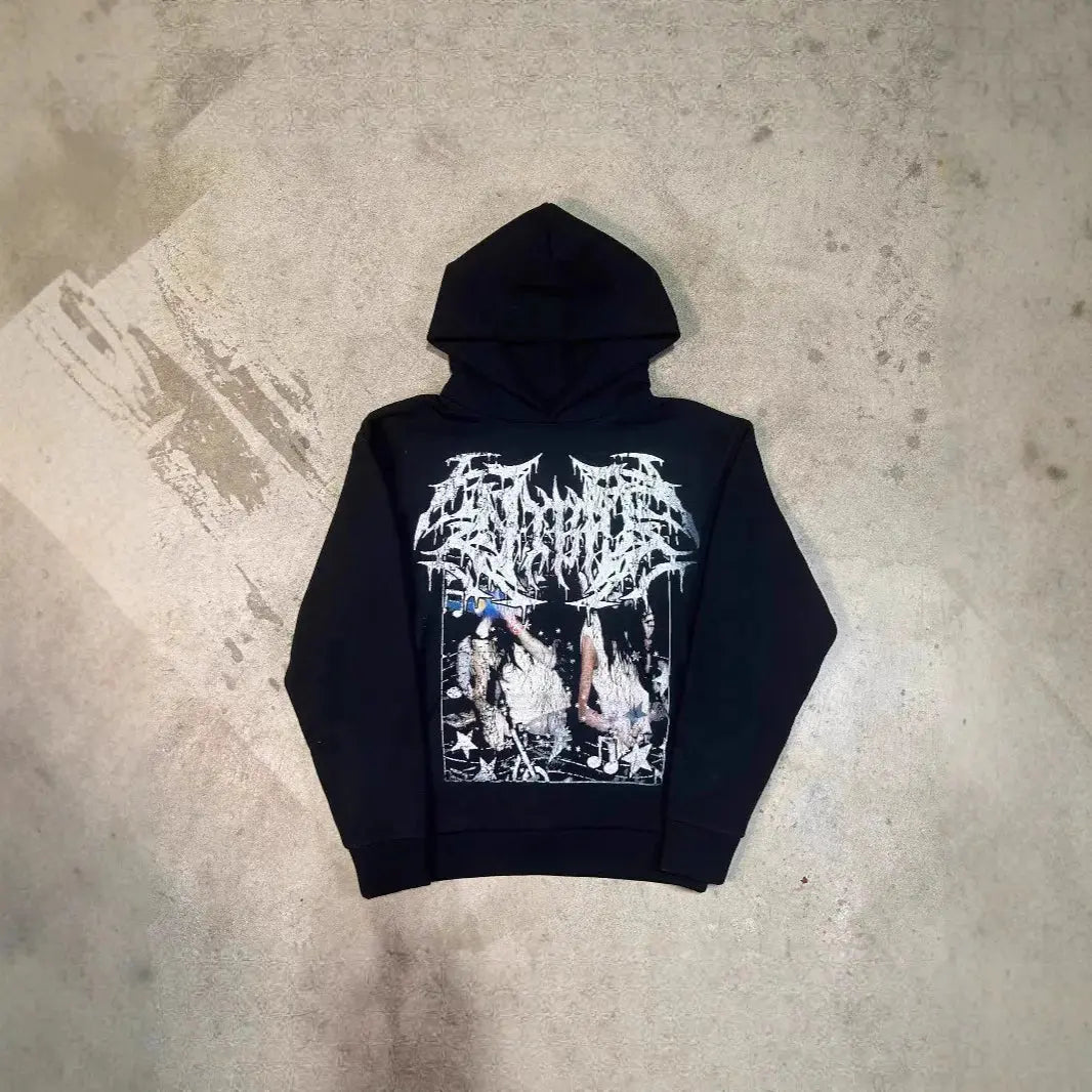 New 2025 Autumn And Winter Aesthetic y2k Dark Style Print Gothic Retro Street Punk Personality Casual emo Girl Hooded Sweatshirt - DRACO COUTURE