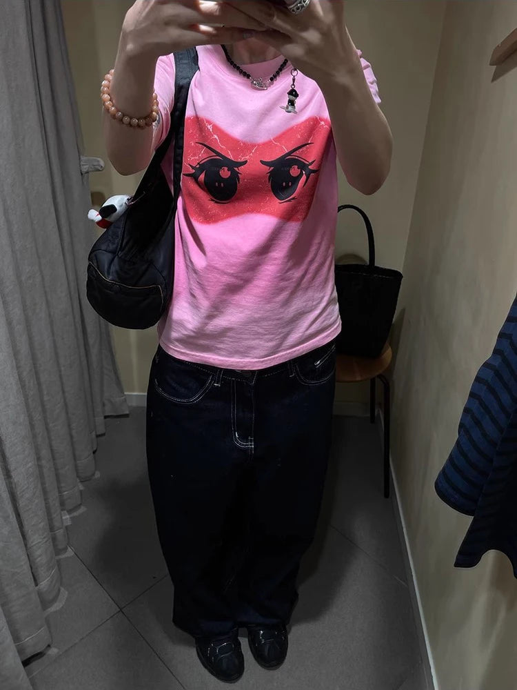 Y2K bestickte Wide-Leg-Jeans – Schwarz, hoher Bund