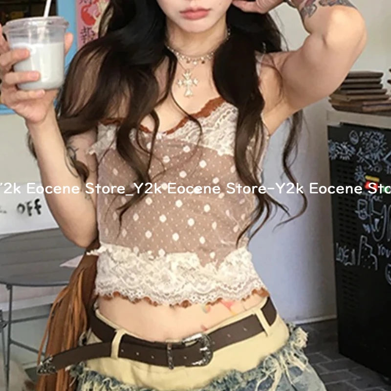 2000s Japanese Fashion Camisole Tank Women Summer Dot Print Lace Casual Outfits Sexy Strap Tops Patchwork Y2k Design T-shirts DRACO COUTURE