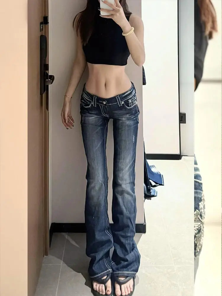Damen Y2K Gothic Stickerei Hot Diamonds Denimhose Harajuku Retro Hip Hop Low Waist Jeans Fashion Hot Girl Straight Jeans