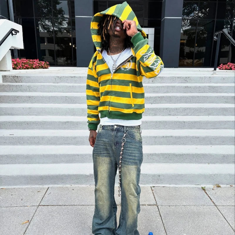 Y2K Street Kid Kapuzenpullover mit Reißverschluss, Streifenmuster, Nietenstickerei, Sweatshirt, neue Herren-Hip-Hop-Mode, Streetwear, Unisex, kastenförmig