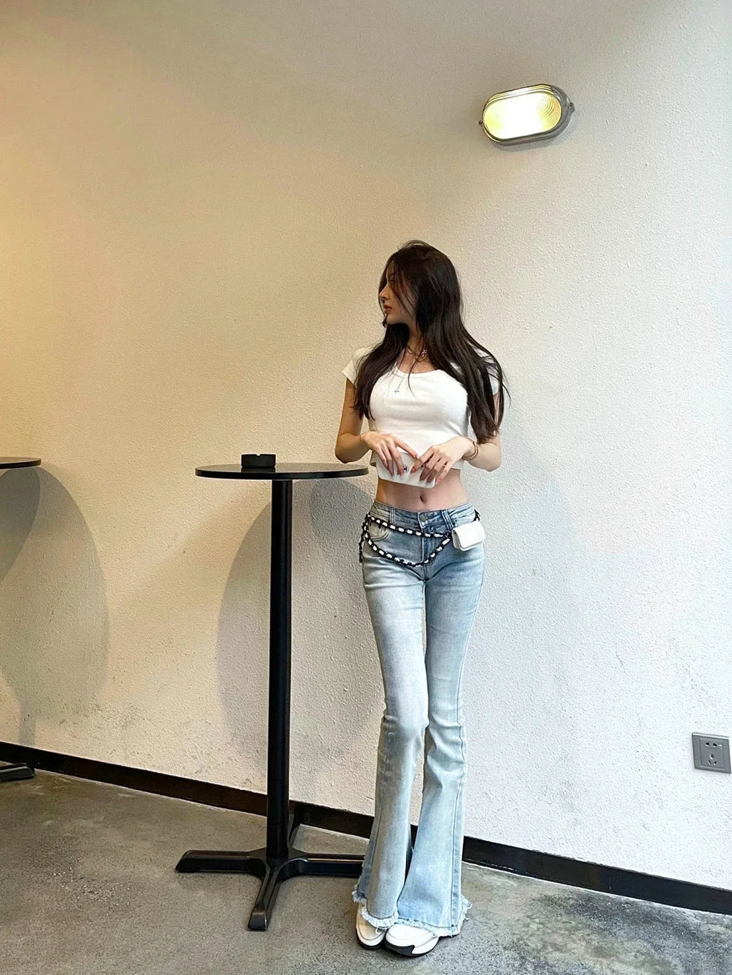 Schlaghose mit niedrigem Bund, blau, Skinny-Jeans für Damen, ausgestellt, Slim Fit, Baggy, stylische Sommerhose A