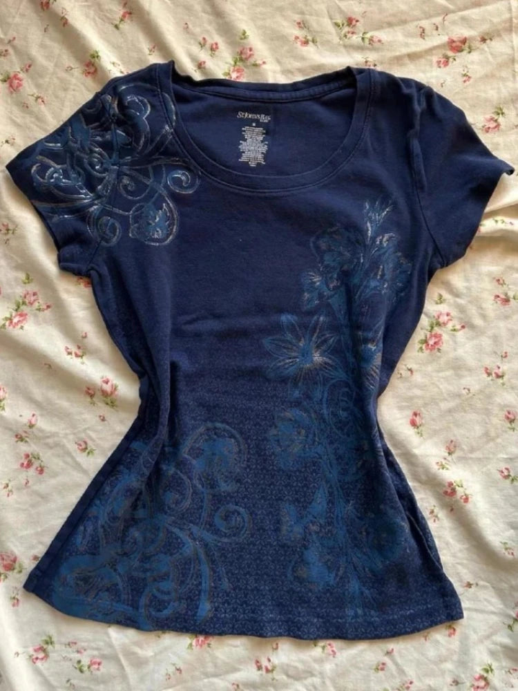 Damen-T-Shirt mit Vintage-Print in Lila im Y2K-Stil, amerikanischer Retro-Look, lässiges Harajuku-Grunge-Fashion-Top, neu