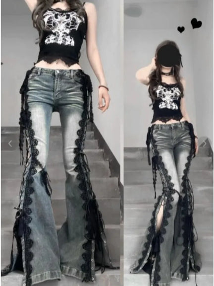 Y2K Lace Up Flare Jeans