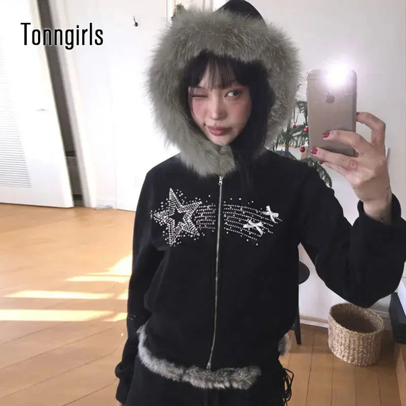 Y2k Korean Zip Hoodie Japanese Winter - DRACO COUTURE