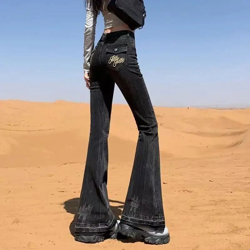Vintage Slim Micro-Flare Jeans für Damen, modische Jeans mit Ziergürtel, Y2K-Stil, hoher Bund, gerade geschnitten, amerikanische Streetwear-Hose