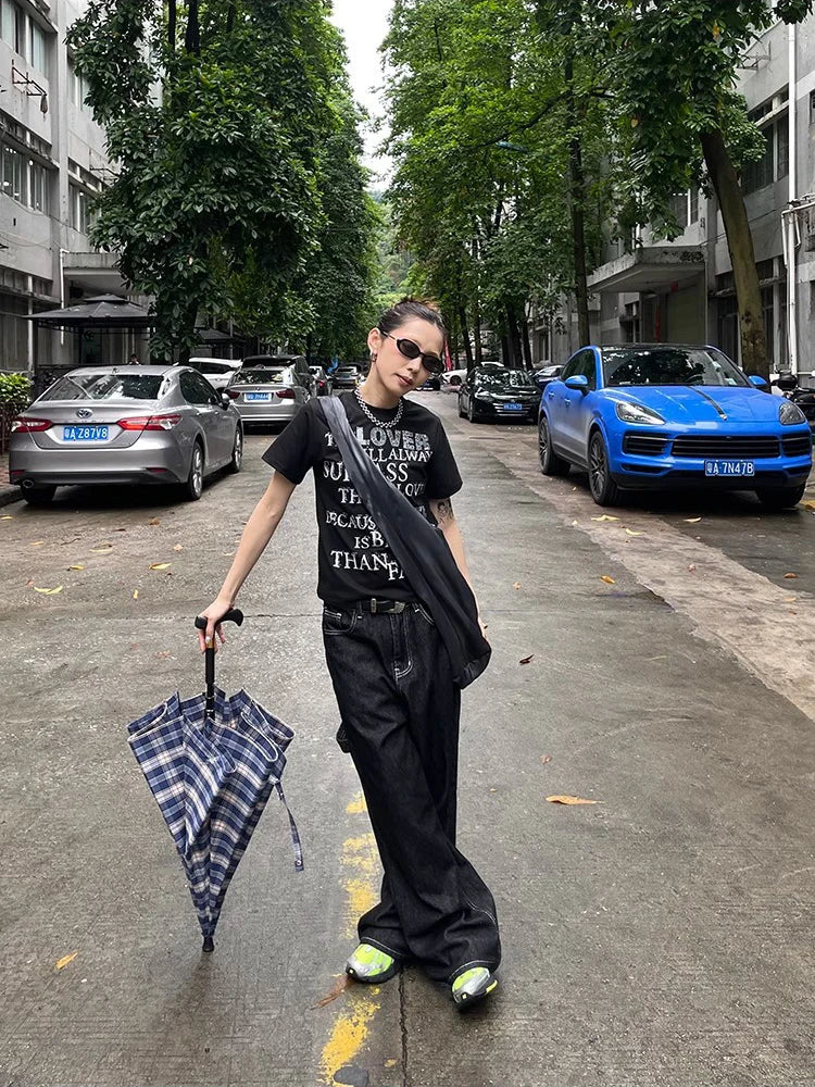 Y2K bestickte Wide-Leg-Jeans – Schwarz, hoher Bund