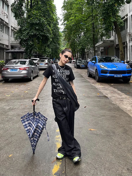 Y2K Embroidered Wide-Leg Jeans – Black High Waist