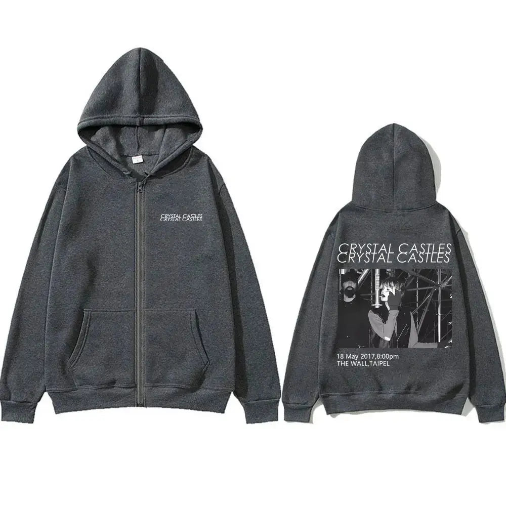 Crystal Castles Band Zipper Hoodie Men Women Vintage Gothic Rock Zip Up Jacket Men's Fashion Casual Oversized Zip Up Sweatshirt - DRACO COUTURE