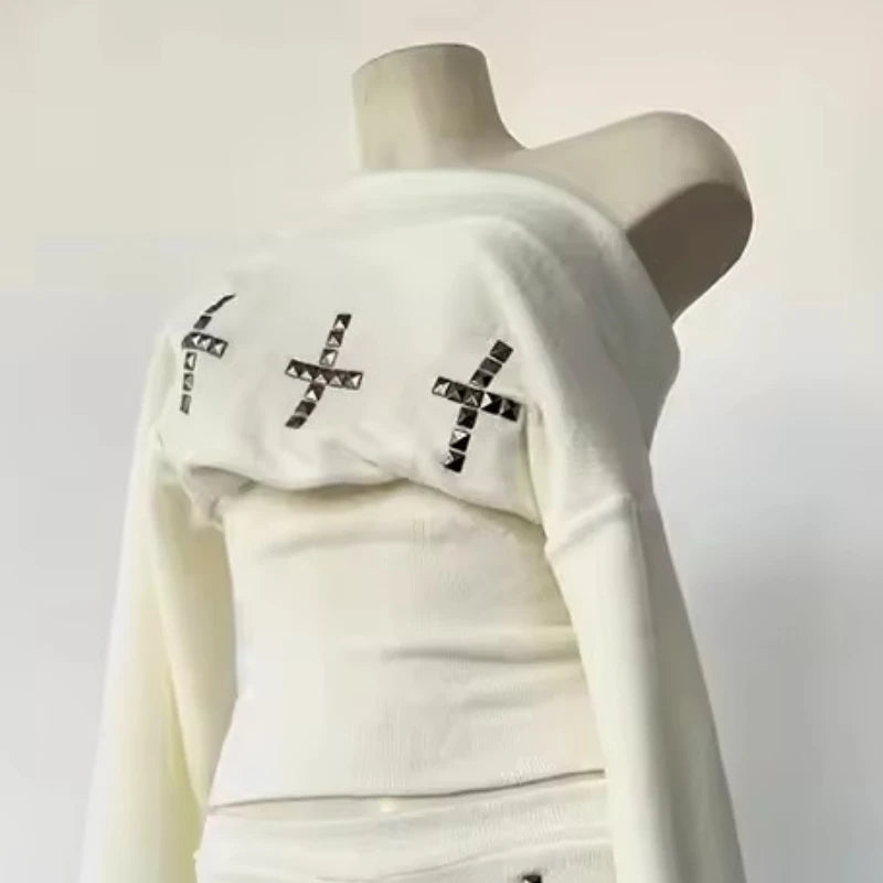 Goth Aesthetic Long Sleeve Two Piece Set Women Off Shoulder Top + Sexy Slim Shorts Y2K Cross Harajuku E-Girls Streetwear Outfit DRACO COUTURE