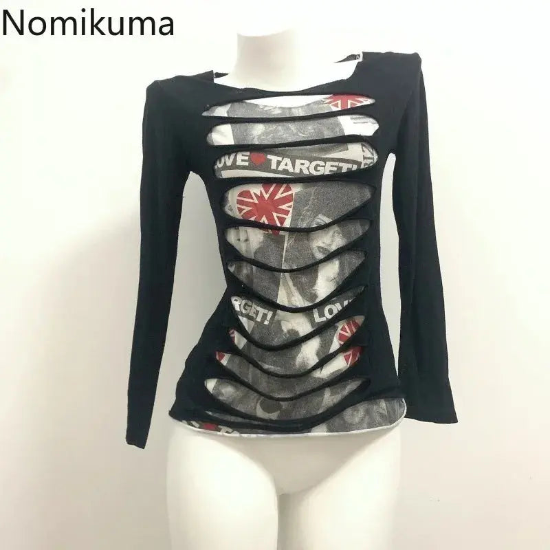 Harajuku Y2k Tops Fashion T Shirts for Women 2025 Ropa Mujer Streetwear Tunic Tees Long Sleeve Print Hollow Out Punk Tshirts - DRACO COUTURE
