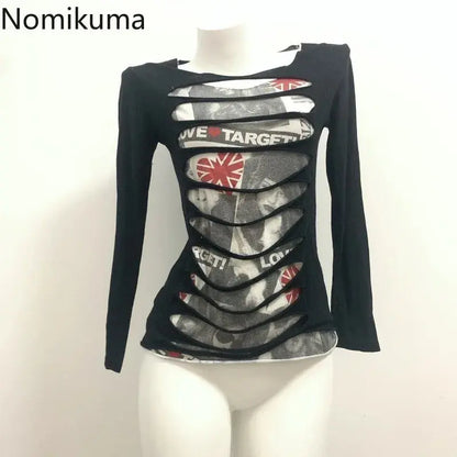 Harajuku Y2k Tops Fashion T Shirts for Women 2025 Ropa Mujer Streetwear Tunic Tees Long Sleeve Print Hollow Out Punk Tshirts - DRACO COUTURE