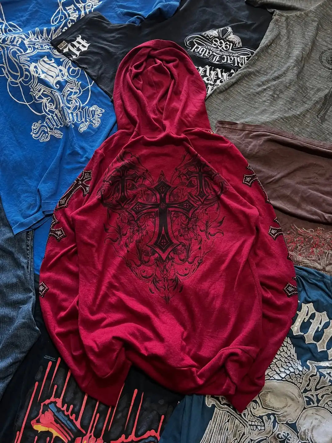 Affliction Red Masonry Hoodie – Y2K Oversize Zip