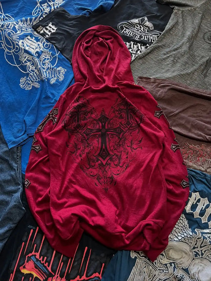 Affliction Red Masonry Hoodie – Y2K Oversize Zip